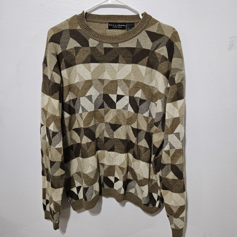 Crazy Horse By Claibourne Sweater Large Brown Geometric Pattern Knit Long Sleeve